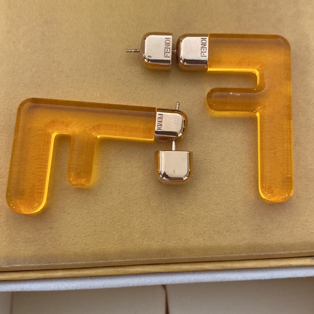 Fendi Amber Resin 'F' Logo Earrings with Gold Hardware - Picture 2 of 4
